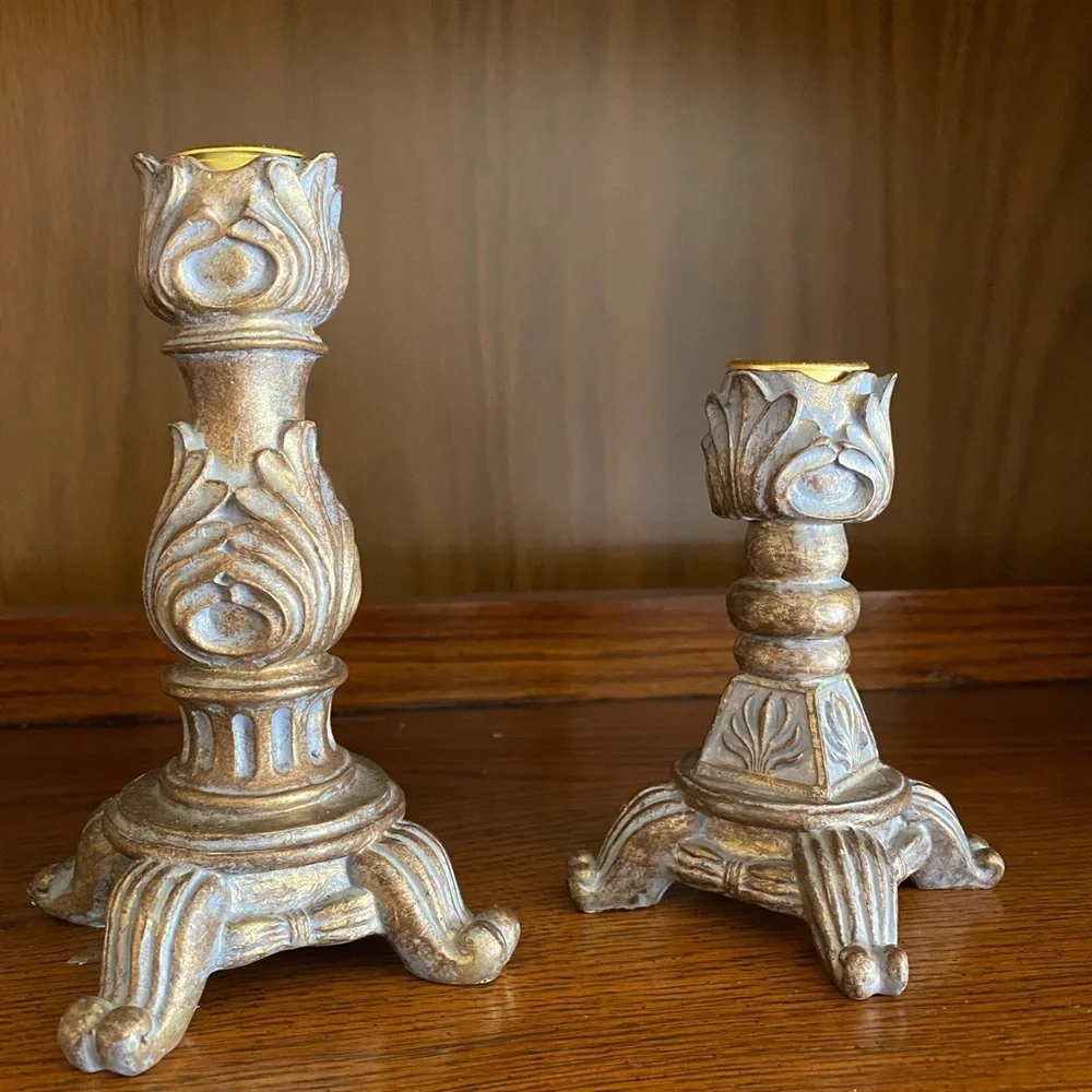 Mervn’s Vintage Ornate Taper Candle Holder Set of 3 | Scrolled Base Gold Washed